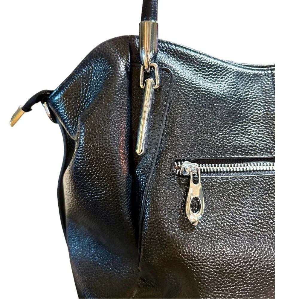 HESHE,Black Casual, Leather Hobo Hand/Shoulder Bag With High Quality Silver Trim
